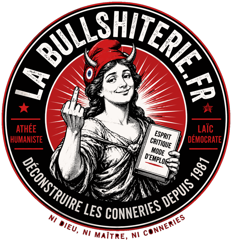 La Bullshiterie — Marianne au bonnet phrygien cornu faisant un doigt d'honneur, tenant le livre « Esprit critique, mode d'emploi ».